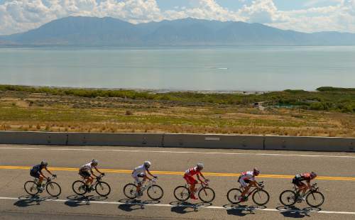 Leah Hogsten  |  The Salt Lake Tribune
 2014 Tour of Utah leading cyclists pass by Utah Lake near Pelican Point during Wednesday's 118.3-mile stage from Lehi to Miller Motorsports Park in Tooele, August 6, 2014.