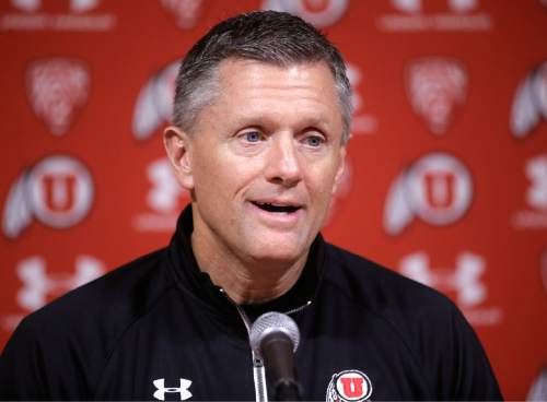 Utah head coach Kyle Whittingham speaks with reporters during national signing day Wednesday, Feb. 4, 2015, in Salt Lake City. Whittingham knew his team was short-handed at several key positions after the 2014 season and set out to address them with the 2015 recruiting class. The Utes signed 20 new players to letters of intent during Wednesday's Signing Day and 14 of those will suit up on the offensive line, at receiver and in the defensive secondary. (AP Photo/Rick Bowmer)