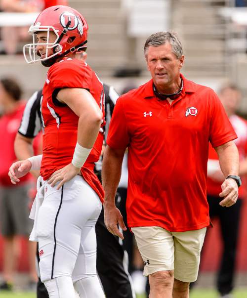 Trent Nelson  |  The Salt Lake Tribune
Quarterback Conner Manning and coach Kyle Whittingham at the Utah Football Red & White game in Salt Lake City, Saturday April 25, 2015.