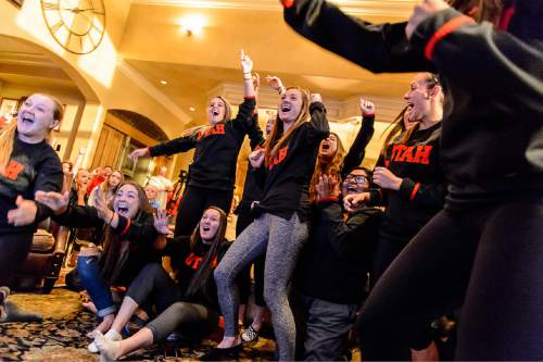 Trent Nelson  |  The Salt Lake Tribune
University of Utah softball players celebrate their seeding in the NCAA Softball tournament, while watching a broadcast in a North Salt Lake home, Sunday May 10, 2015.