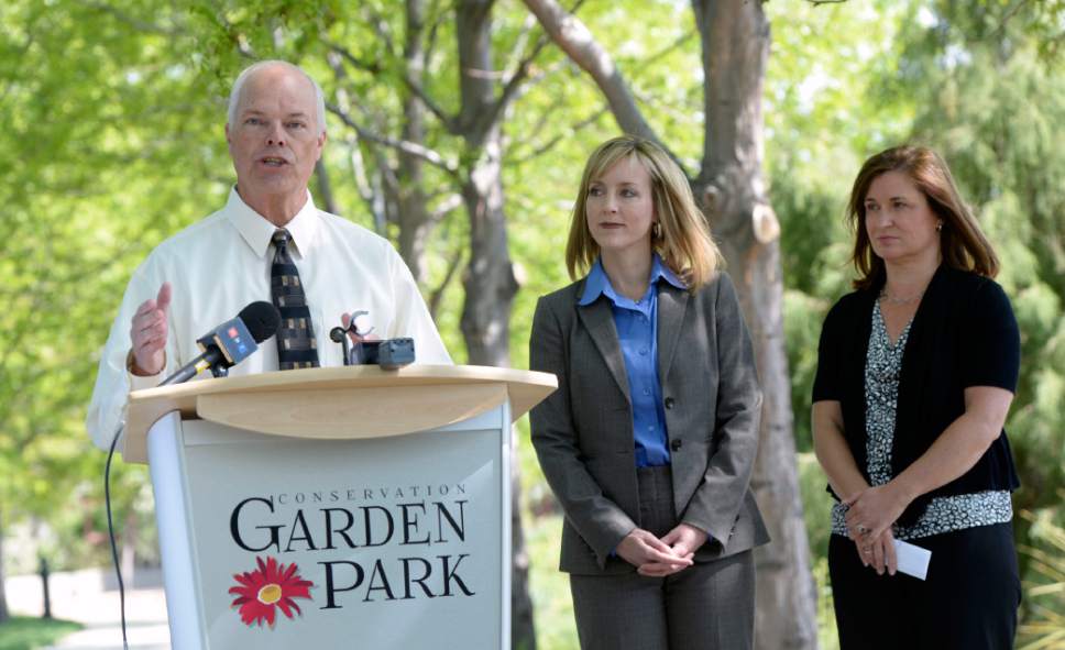 Al Hartmann |  The Salt Lake Tribune
Jordan Valley Water Conservancy District CEO and General Manager Richard Bay, left, and  Salt Lake County Council members Aimee Winder Newton and Jenny Wilson urge residents, businesses and governmental agencies to follow principles of good water conservation during this record-breaking year of the warmest, lowest snow-packed winter on record, at a press conference Monday May 11.