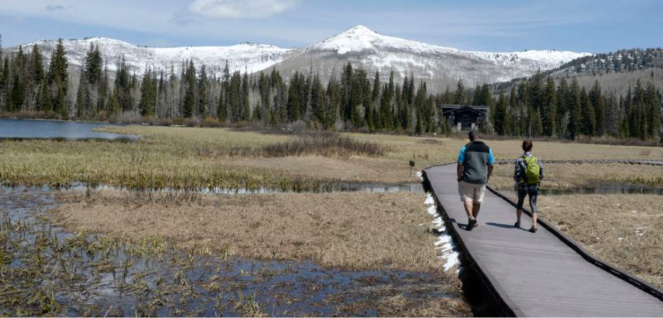 Al Hartmann |  The Salt Lake Tribune
Couple walks the boardwalk through the almost snow-free wetlands of Silver Lake in Big Cottonwood Canyon Monday May 11.  At 8,700 feet in elevation the lake-wetlands area is usually still under snowpack this time of year. The canyon is a protected watershed area under strict management since it's a major source of drinking water for Salt Lake City.  Jordan Valley Water Conservancy District  and  Salt Lake County Council are urging residents, businesses and governmental agencies to follow principles of good water conservation during this record-breaking year of the warmest, lowest snow-packed winter on record.
