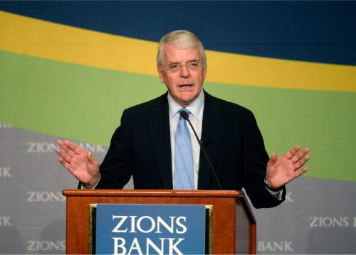 Al Hartmann |  The Salt Lake Tribune
Former British Prime Minister John Major gives the keynote speech about international trade at the Zions Bank and Business Conference in Salt Lake City Tuesday May 12, 2015.