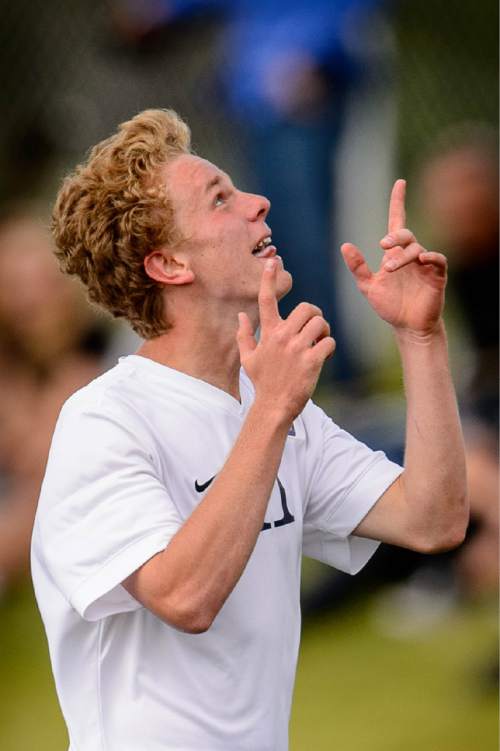 Trent Nelson  |  The Salt Lake Tribune
Skyline's Brigham Jackson (11) celebrates a second half goal during a first round Class 4A soccer state game between Wasatch and Skyline High School, in Salt Lake City, Wednesday May 13, 2015.