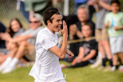 Trent Nelson  |  The Salt Lake Tribune
Skyline's Sheldon Martineau (13) celebrates his goal in a first round Class 4A soccer state game between Wasatch and Skyline High School, in Salt Lake City, Wednesday May 13, 2015.