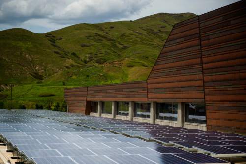 Chris Detrick  |  The Salt Lake Tribune
Solar panels at the Natural History Museum of Utah Tuesday May 12, 2015. The Natural History Museum of Utah has 1,378 solar panels installed on the roof, providing 457,500 kilowatt-hours of energy per year to the museum.