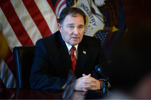 Scott Sommerdorf   |  The Salt Lake Tribune
Utah Gov. Gary Herbert answers questions during his daily press conference, Thursday, February 12, 2015. He was asked if he has, or would officiate a same-sex wedding, and he answered that he would probably politely decline.