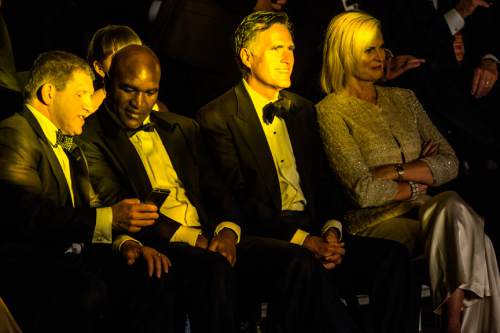 Chris Detrick  |  The Salt Lake Tribune
Mitt Romney, Ann Romney and Evander Holyfield watch the boxing matches at the Rail Event Center Friday May 15, 2015. Friday's Romney-Holyfield showdown will raise about $1 million for CharityVision, a 20-year-old nonprofit dedicated to saving the eyesight of impoverished people in developing nations.