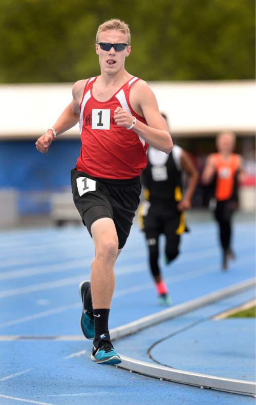 Scott Sommerdorf   |  The Salt Lake Tribune
Ethan Young of Milford wins the Boy's 1A 3200 meter race with a time of 10:17.17 at the 2015 Utah State High School Track and Field Championships, held at Clarence Robinson stadium at BYU, Saturday, May 16, 2015.