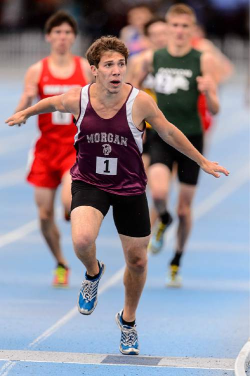 Trent Nelson  |  The Salt Lake Tribune
Morgan's Andrew Allen hits the finish line in the 3A 800 meter race at the state high school track meet in Provo, Saturday May 16, 2015.