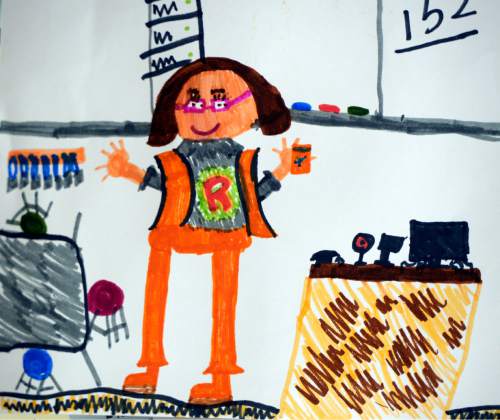 Al Hartmann  |  The Salt Lake Tribune 
A student's artwork of teacher Robin Farnsworth on her classroom wall.  She teaches social studies at Neil Armstrong Academy in West Valley City.  Farnsworth uses technology and methods to engage children in learning.