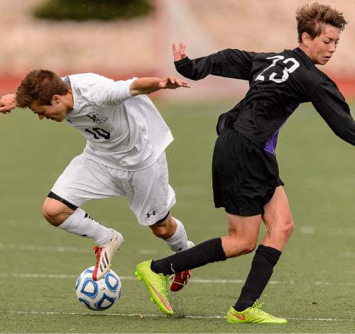 Trent Nelson  |  The Salt Lake Tribune
Alta's Christian Bain and Lehi's Matthew Holt (23), during the 5A boys' soccer semifinal with Alta vs. Lehi High School, in Woods Cross, Tuesday May 19, 2015.