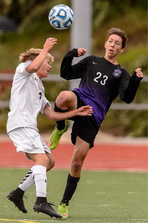 Trent Nelson  |  The Salt Lake Tribune
Alta's Colbey Morf and Lehi's Matthew Holt (23), during the 5A boys' soccer semifinal with Alta vs. Lehi High School, in Woods Cross, Tuesday May 19, 2015.