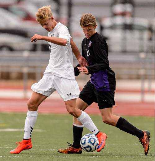 Trent Nelson  |  The Salt Lake Tribune
Alta's Daniel Tree and Lehi's Benjamin Driggs (20) mirror each other during the 5A boys' soccer semifinal with Alta vs. Lehi High School, in Woods Cross, Tuesday May 19, 2015.