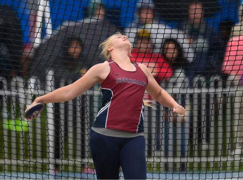 Scott Sommerdorf   |  The Salt Lake Tribune
Amarissa Hawker finished third in the Girl's 5A discus with a throw of 130, 3.75 at the 2015 Utah State High School Track and Field Championships, held at Clarence Robinson stadium at BYU, Saturday, May 16, 2015.