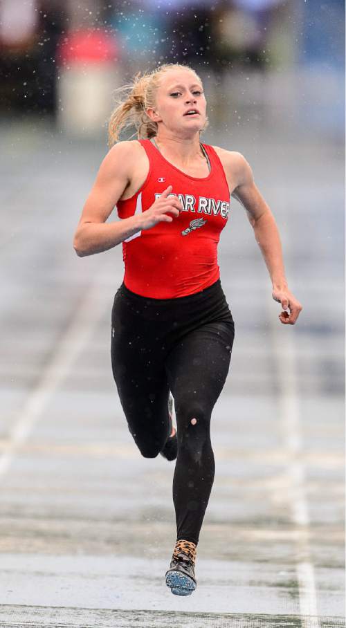 Trent Nelson  |  The Salt Lake Tribune
Bear River's Whitney Wilcox wins a heat of the 3A 200 meter race at the state high school track meet in Provo, Saturday May 16, 2015.