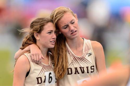 Trent Nelson  |  The Salt Lake Tribune
Davis's Courtney Wayment and Josey Headquist after competing in the 800m race at the state high school track meet in Provo, Saturday May 16, 2015.