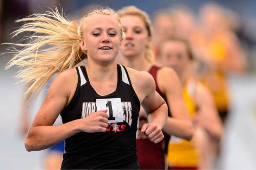 Trent Nelson  |  The Salt Lake Tribune
North Sanpete's Angela Clayton leads in the 3A 800 meter race at the state high school track meet in Provo, Saturday May 16, 2015.