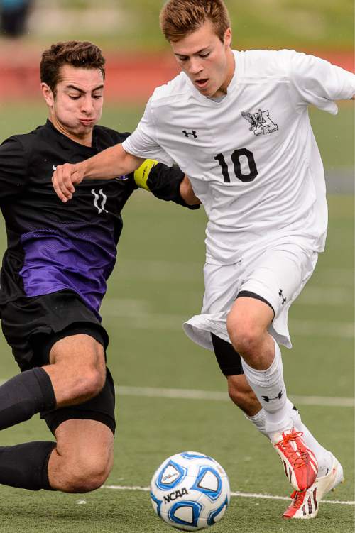 Trent Nelson  |  The Salt Lake Tribune
Lehi's Isaiah Altamirano (11)  and Alta's Christian Bain, during the 5A boys' soccer semifinal with Alta vs. Lehi High School, in Woods Cross, Tuesday May 19, 2015.