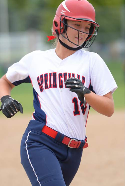 Leah Hogsten  |  The Salt Lake Tribune
Springville's Brittany Simpson reacts to her home run in the 7th inning. Spanish Fork High School girls softball team defeated Springville High School 7-1 during their 4A state semifinal game Thursday, May 21, 2015 at the Taylorsville Valley Softball Complex.