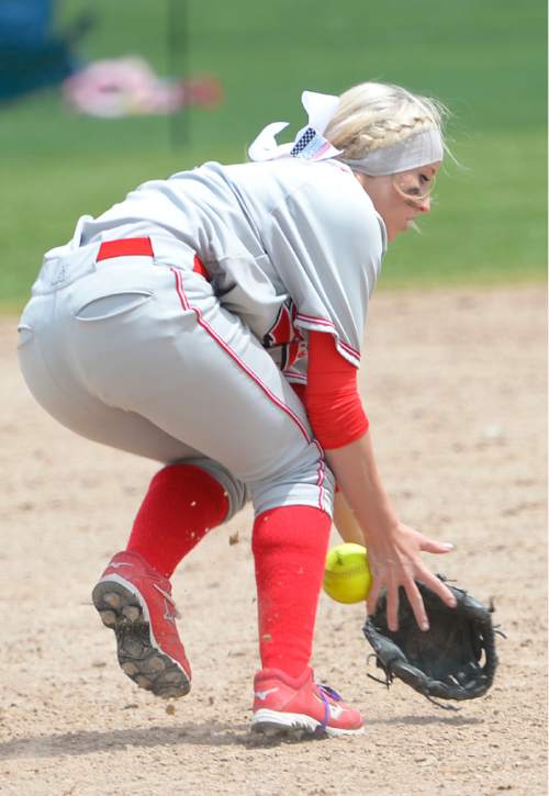 Leah Hogsten  |  The Salt Lake Tribune
Spanish Fork's Cheyenne Pratt misses the catch. Spanish Fork High School girls softball team defeated Springville High School 7-1 during their 4A state semifinal game Thursday, May 21, 2015 at the Taylorsville Valley Softball Complex.