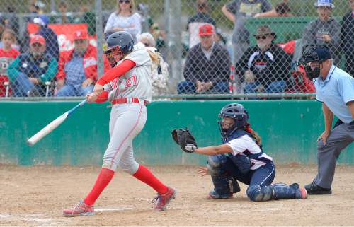 Leah Hogsten  |  The Salt Lake Tribune
Spanish Fork's Taylor Miller hits a home run in the 6th inning. Spanish Fork High School girls softball team defeated Springville High School 7-1 during their 4A state semifinal game Thursday, May 21, 2015 at the Taylorsville Valley Softball Complex.