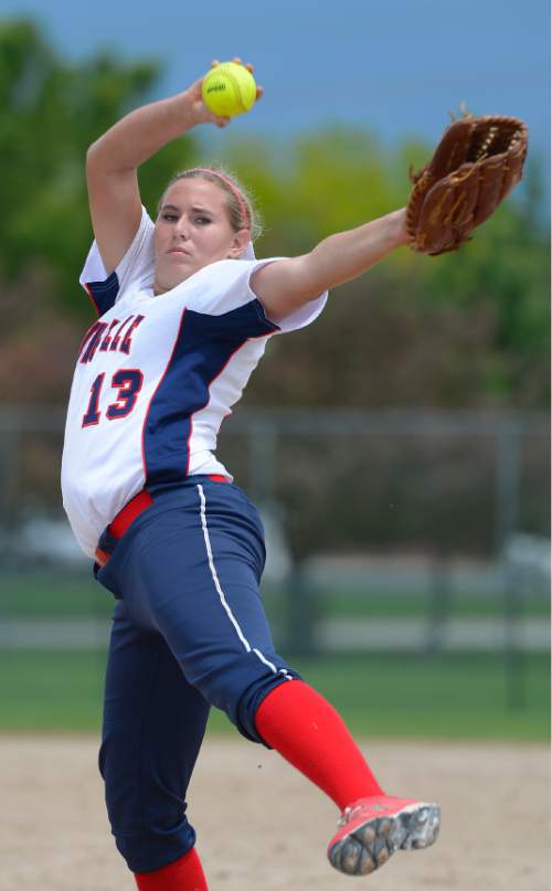 Leah Hogsten  |  The Salt Lake Tribune
Springville pitcher Mykenzie Ferran. Spanish Fork High School girls softball team defeated Springville High School 7-1 during their 4A state semifinal game Thursday, May 21, 2015 at the Taylorsville Valley Softball Complex.