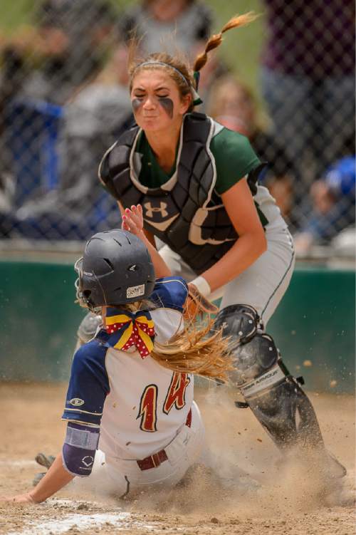 Trent Nelson  |  The Salt Lake Tribune
Copper Hills's Mikelle Magalogo (1) tags out Herriman's Dayna Hokanson (14). Herriman vs. Copper Hills High School softball, in West Valley City, Thursday May 21, 2015.