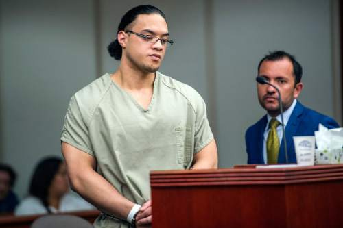 Chris Detrick  |  The Salt Lake Tribune
Vilisoni Tuino Angilau listens during his sentencing at the Scott M. Matheson Courthouse Friday May 22, 2015.  Vilisoni Angilau pleaded guilty to second-degree felony charges of manslaughter and discharge of a firearm causing bodily injury in the shooting death of 19-year-old Sione Fakatoufifita in the parking lot of a Maverik convenience store at 1680 S. Redwood Road on April 13, 2013.