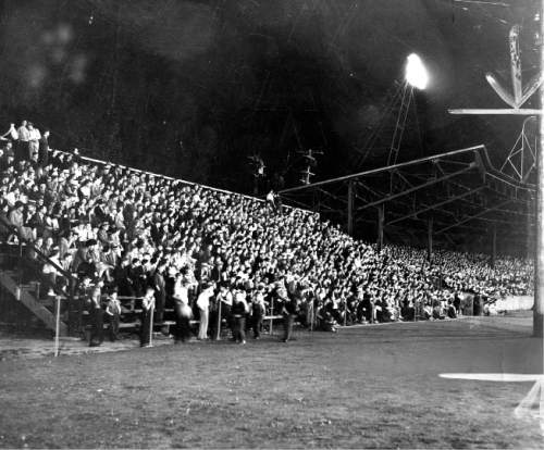 Tribune file photo

Fans fill the stands at Community Ball Park in 1939. The park was later rebuilt as Derk's Field. It is now the site of Smith's Ballpark.