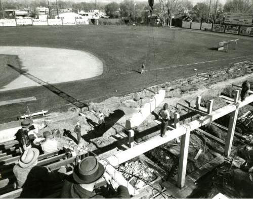 Tribune file photo

Construction crews work to build Derks Field as seen in this 1947 photo. The ball park was quickly built to replace Community Ball Park after it burned down a year earlier.