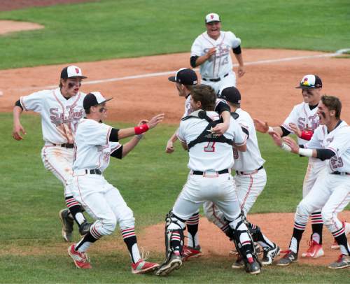 Rick Egan  |  The Salt Lake Tribune

The Spanish Fork Dons celebrate their 5-4 win over the Maple Mountain Golden Eagles, to win the in prep 4A state baseball title at Brent Brown field in Orem, Friday, May 22, 2015.