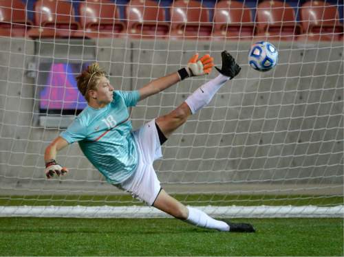 Francisco Kjolseth  |  The Salt Lake Tribune 
Goalie Will DeSantis of Skyline sees one get through in shoot out against East during the 4A boys' soccer championship game at Rio Tinto Stadium on Thursday, May 21, 2015.