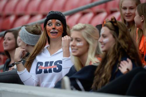 Francisco Kjolseth  |  The Salt Lake Tribune 
Brighton fans show their team spirit before the start of the game between Alta and Brighton in the 5A boys' soccer championship game at Rio Tinto Stadium on Thursday, May 21, 2015.