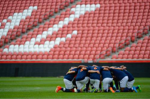 Francisco Kjolseth  |  The Salt Lake Tribune 
The Brighton team gets ready for their game against Alta in the 5A boys' soccer championship game at Rio Tinto Stadium on Thursday, May 21, 2015.