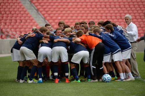 Francisco Kjolseth  |  The Salt Lake Tribune 
The Brighton team gets ready for their game against Alta in the 5A boys' soccer championship game at Rio Tinto Stadium on Thursday, May 21, 2015.