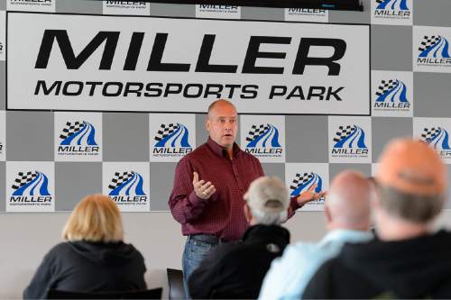Trent Nelson  |  The Salt Lake Tribune
Tooele County Commissioner Shawn Milne meets with business owners who rely on the Miller Motorsports Park on Saturday.