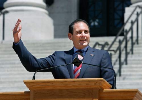 Scott Sommerdorf  |  The Salt Lake Tribune
Pac-12 commissioner Larry Scott welcomes the University of Utah and its fans into the Pac-12 Conference, Friday, July 1, 2011. A ceremony was held on the south steps of the Utah Capitol in Salt Lake City.