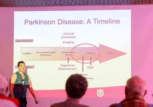 Trent Nelson  |  The Salt Lake Tribune
Dr. Lauren Schrock gives a talk on Parkinson's as part of the American Parkinson Disease Association's educational series, Thursday May 21, 2015. The new Utah Parkinson Disease Registry launched this month, and health care providers now must report cases of Parkinson's and related movement disorders. The University of Utah's Department of Neurology and Utah Health Department run the registry.