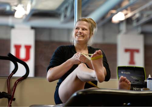Scott Sommerdorf   |  The Salt Lake Tribune
Utah gymnast Tory Wilson rehabs her broken foot and torn achilles with Athletic Trainer Katie Lorens in the training room adjacent to the Utah practice gym, Thursday, May 28, 2015.