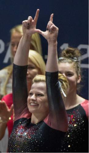 Rick Egan  |  The Salt Lake Tribune

The crowd cheers for Tory Wilson after her 10.0 performance on the vault, in the Pac-12 Gymnastics Championships at the Huntsman Center, Saturday, March 21, 2015.