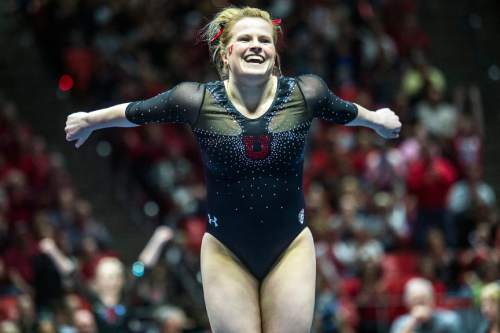 Chris Detrick  |  The Salt Lake Tribune
Utah's Tory Wilson competes on the floor during the gymnastics meet against Michigan at the Jon M. Huntsman Center Friday March 6, 2015. Utah defeated Michigan 198.250 to 197.675. Wilson scored a 9.950.