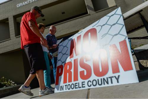 Francisco Kjolseth  |  The Salt Lake Tribune 
Public officials and residents opposed to moving the prison to Tooele rally at the Grantsville City Park, while the Prison Relocation Commission holds its public meeting at the high school across the street on Thursday, May 28, 2015.