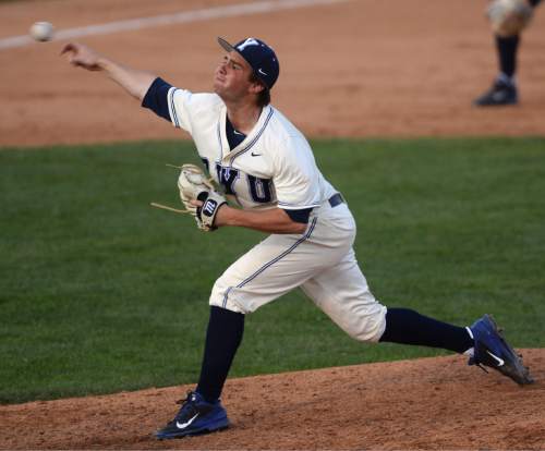 Steve Griffin  |  The Salt Lake Tribune

BYU pitcher Mason Marshall fires to the plate during the BYU and Utah baseball game at BYU in Provo, Tuesday, April 21, 2015.