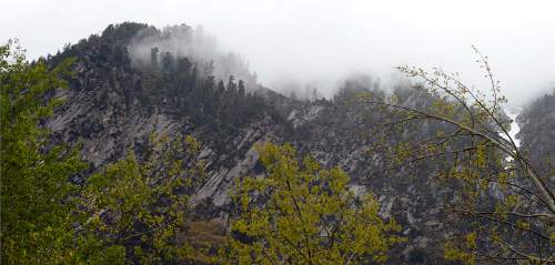 Al Hartmann |  The Salt Lake Tribune
Rain clouds and mist hover over the mountain peaks in Little Cottonwood Canyon, Tuesday May 26, 2015. Stay tuned for another rainy work week in the mountains and valleys of northern Utah.
