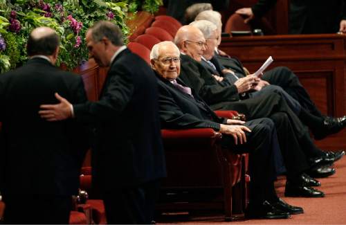 Scott Sommerdorf  |  The Salt Lake Tribune             
Elder L. Tom Perry, a member of the Quorum of the Twelve Apostles, center, sits with other members of church leadership prior to the beginning of the afternoon session of the 182nd General Conference, Saturday, October 6, 2012.