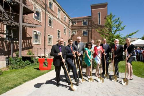 Paul Fraughton  |   Salt Lake Tribune
  Dignitaries stand in front of Carlson Hall on the University of utah campus, the site of the new S.J. Quinney College of Law building, for the ceremonial ground breaking. Carlson Hall will be razed and replaced with the  state-of-the-art  facility.   From left to right: David King,principal architect, Hiram Chodosh, Dean of Quinney College of Law, Elder Tom Perry, of the LDS Church, Adina Zahradnikova,CEO of The Disability Law Center, Myron Willson, UofU Office of Sustainability , Lori Nelson, President Utah State Bar,  Robert Adler, law school interim dean, David Pershing President University of Utah, and Vicki Baldwin.President College of Law Board of Trustees                       
 Tuesday, June 4, 2013