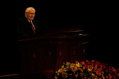 L. Tom Perry, a member of the Quorum of the Twelve, speaks during the morning session of the LDS General Conference Saturday October 3, 2008. 
 
Chris Detrick/The Salt Lake Tribune