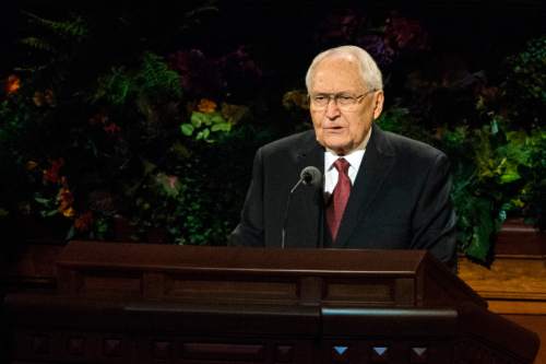 Chris Detrick  |  The Salt Lake Tribune
L. Tom Perry, Quorum of the Twelve Apostles, speaks during the afternoon session of the 184th Semiannual General Conference of The Church of Jesus Christ of Latter-day Saints at the Conference Center in Salt Lake City Saturday October 4, 2014.