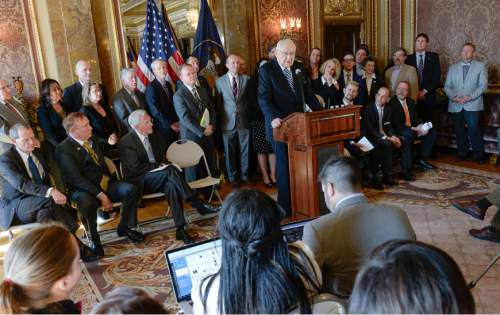 Francisco Kjolseth  |  The Salt Lake Tribune 
L. Tom Perry, second in line for the LDS Church's presidency speaks in support of nondiscrimination bill SB256 during a press announcement at the Utah Capitol on Wednesday, March 4, 2015.